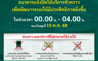    กสิกรไทยแจ้งปิดให้บริการชั่วคราว เป็นเวลา 4 ชั่วโมง ช่วง 00.00-04.00 น. ของ 15 ต.ค. 68